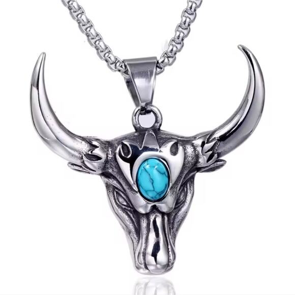 Silver Bull Head Horns Pendant w/ Turquoise Stone Western Christmas Birthday NEW